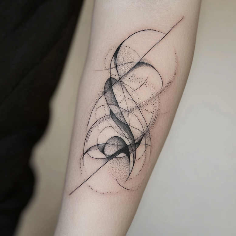 Forearm; line, arc, dot, curve, shading, ink — black and grey; finished tattoo project; not intended as cover-up.