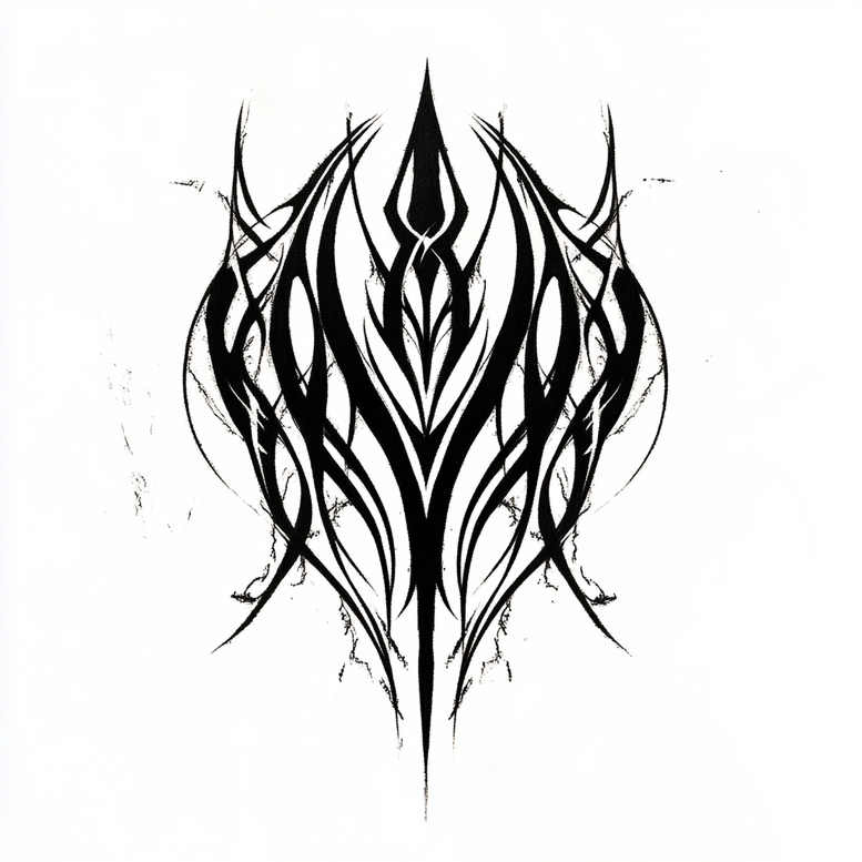 Black tribal pattern on white background; AI-generated tattoo project; suitable for a cover-up.