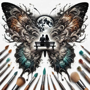 Couple on a bench inside symmetrical black and grey butterfly wing design with teal highlights; AI-generated tattoo project; cover-up suitable.