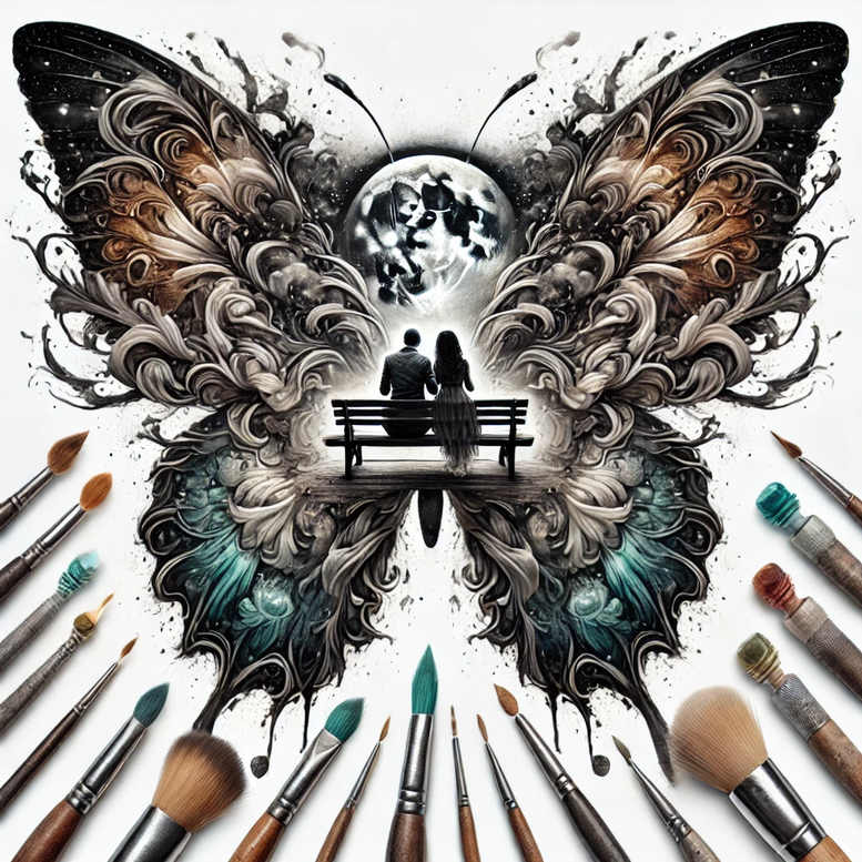 Couple on a bench inside symmetrical black and grey butterfly wing design with teal highlights; AI-generated tattoo project; cover-up suitable.