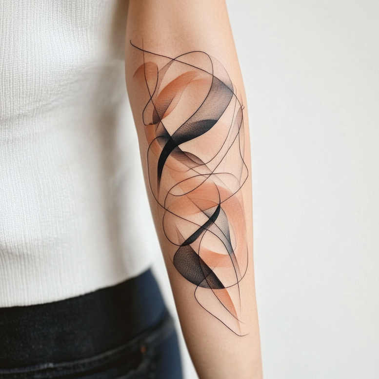 Black and grey fine-line curves on the forearm with shading; tattoo project idea.