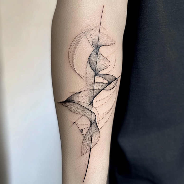 Arm tattoo in black and grey fine-line style featuring leaf shapes with circular geometry and arcs; project; not intended as a cover-up.