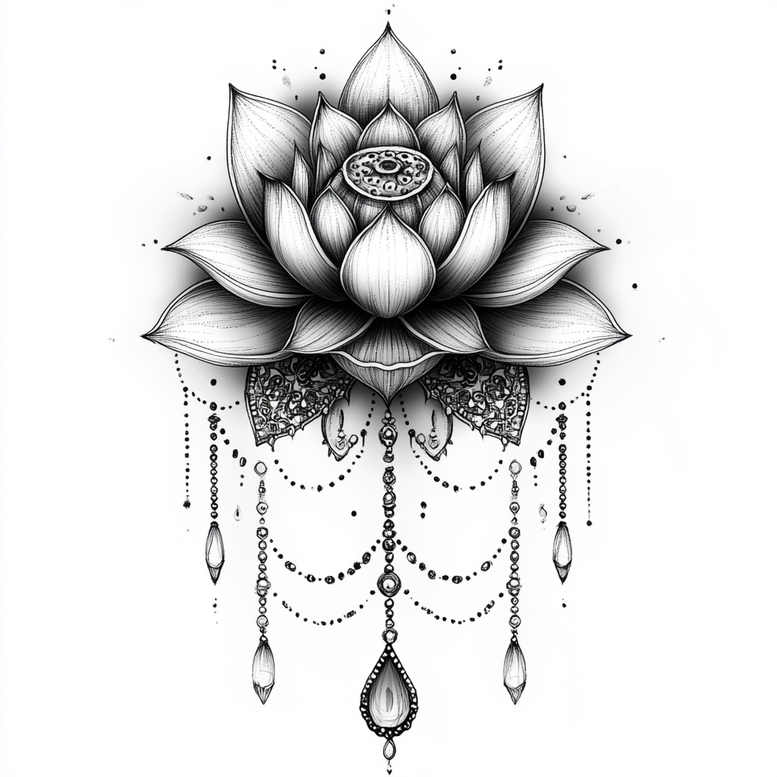 Black and grey line art of a lotus bloom with beaded chains and hanging pendants; tattoo design idea, AI-generated tattoo project; not ideal for cover-up.