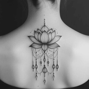 Black and grey lotus flower tattoo on the upper back with cascading bead chains and teardrop pendants; AI-generated tattoo project, suitable for cover-up.