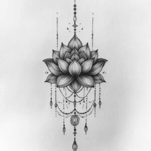 Black and grey lotus tattoo design featuring lotus, bead, pendant, and drop elements; project idea; suitable for a cover-up: potential.