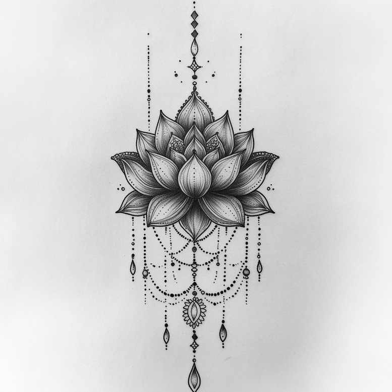 Black and grey lotus tattoo design featuring lotus, bead, pendant, and drop elements; project idea; suitable for a cover-up: potential.