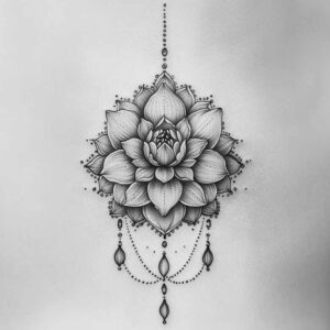 Lotus flower, bead chain, and hanging pendants in black and grey; project idea; suitable for a cover-up.