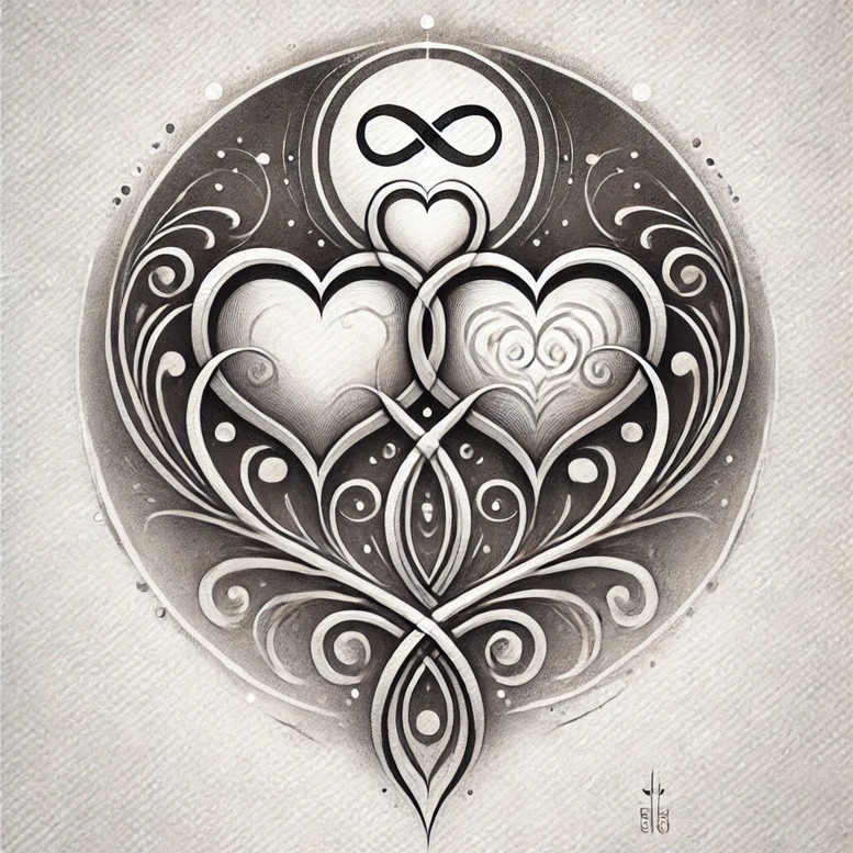 Black and grey tattoo design: circular mandala with two intertwined hearts, infinity symbol at the top, and ornate filigree swirls; pattern-heavy concept.