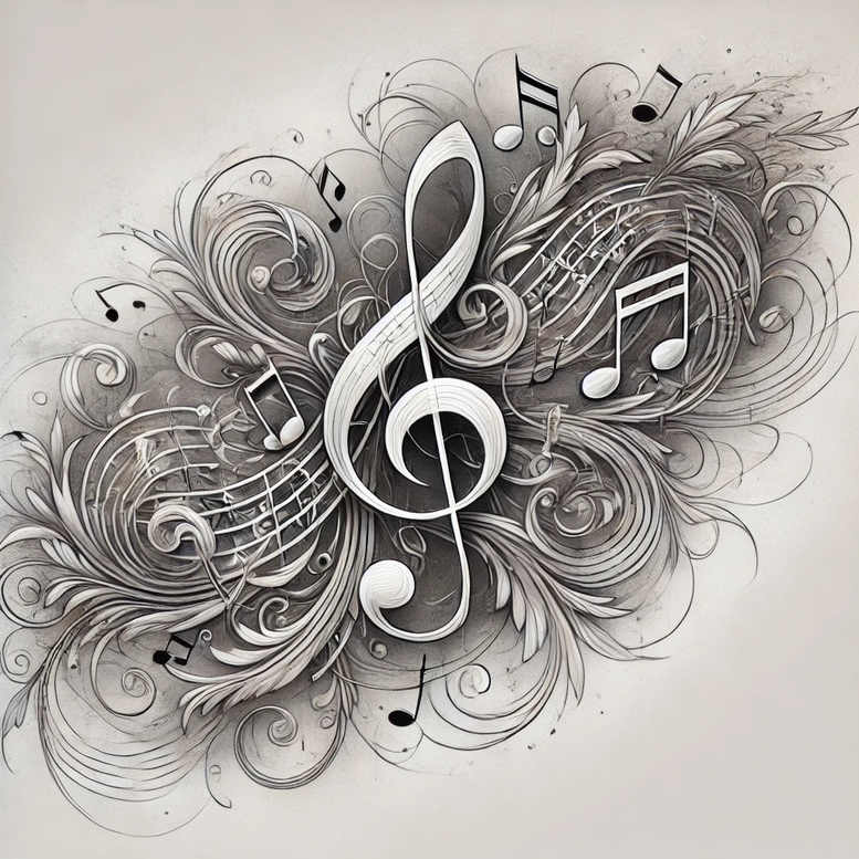 A grayscale tattoo design featuring a large treble clef centerpiece with swirling flourishes and scattered musical notes in black and grey.