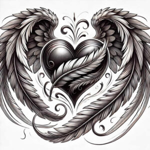 Black and grey tattoo project featuring a heart with wings, detailed feathers, and decorative swirls; visible elements: heart, wings, feathers, swirls; cover-up suitable.