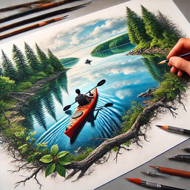 Colorful scene: kayak in red; kayaker; water in blue; tree; branch; rock; leaf; color tattoo concept, not a cover-up.
