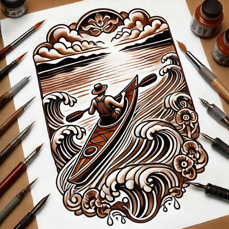 Black and grey tattoo concept featuring kayak, person, paddle, wave, and flower motifs; cover-up-ready project.