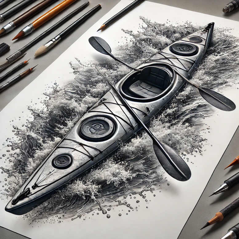 Grey-scale kayak with two paddles in a black and grey ink drawing; a tattoo design idea with pattern, not ideal for cover-up.