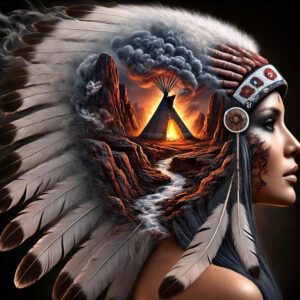 Colorful side-profile of a woman wearing a feathered headdress, with a vibrant desert canyon, river, and teepee across the neck and hair; AI-generated tattoo project; color image; not ideal for cover-up.