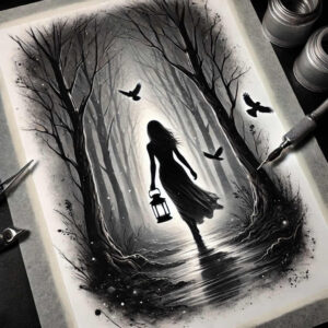 Girl silhouette holding a lantern walks through a black and grey forest of bare trees with ravens; pattern-heavy cover-up tattoo idea.