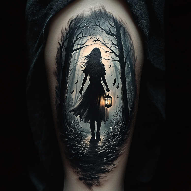 Silhouette of a girl with a lantern walking a dark forest path in black and grey, cover-up tattoo project.