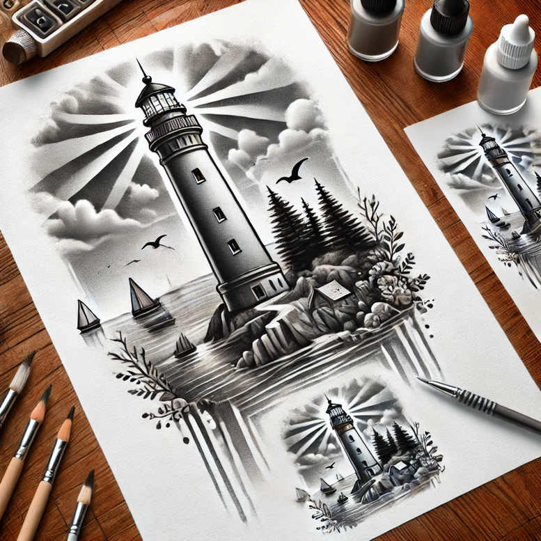 Lighthouse, rock, sea, boat, tree, cloud, bird; black and grey; tattoo project; cover-up-ready.