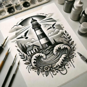 Lighthouse, house, waves, birds, flowers, leaves, and clouds in black and grey; tattoo project, suitable for cover-up.