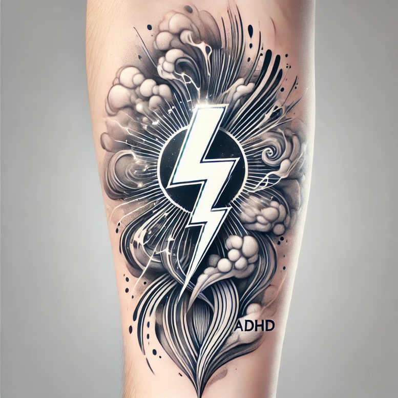 Lightning bolt inside a black circle with radiating lines and cloud accents in black and grey; ADHD text visible; AI-generated tattoo project; suitable for cover-up.