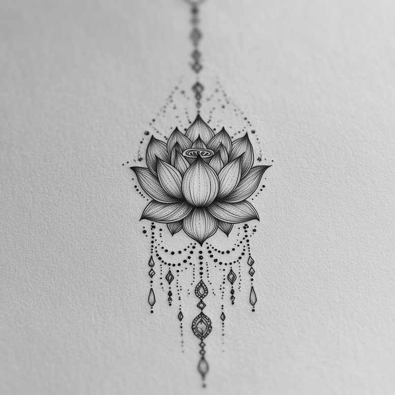 Lotus flower with bead, chain, crystal, and gem elements in black and grey; tattoo design idea, not a cover-up.