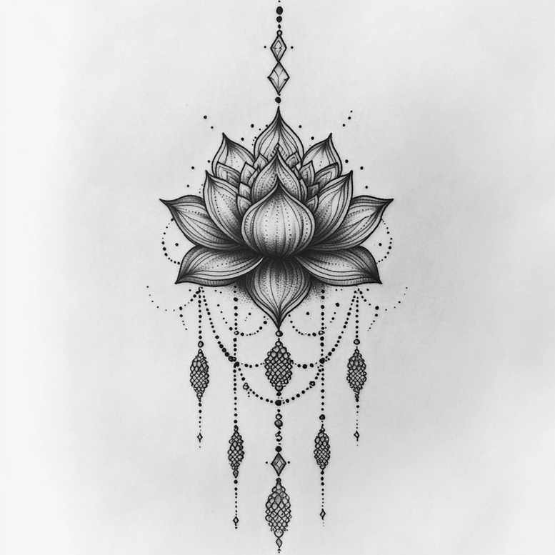 Black and grey lotus tattoo design with hanging bead chains and diamond accents; AI-generated tattoo project; suitable for cover-up.