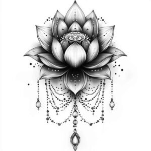 Lotus flower in black and grey with hanging bead chandelier patterns, chains and teardrop pendants; a tattoo design concept for a cover-up project.