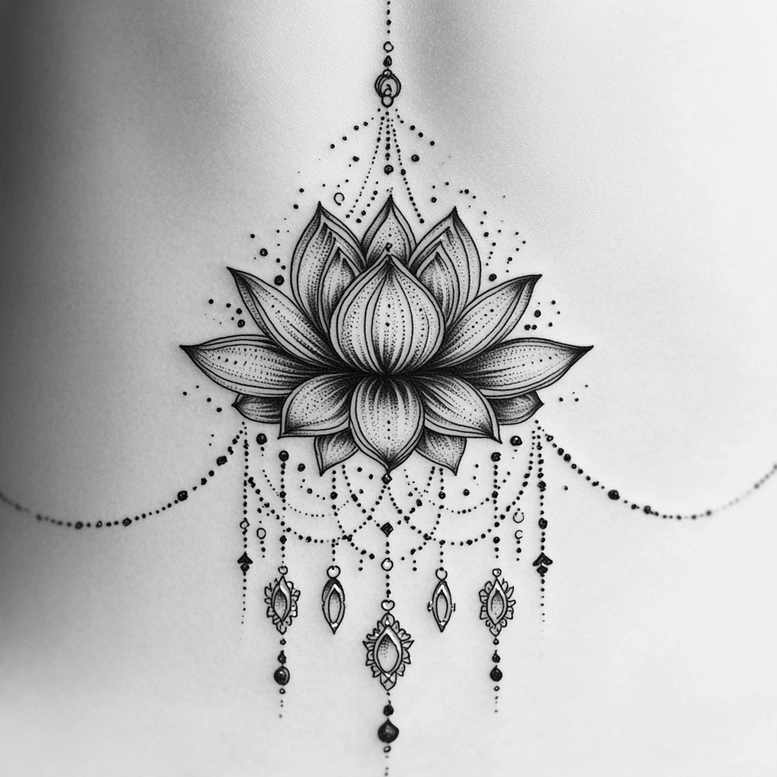 Lotus center with chain, bead, pendant, and gem in black and grey linework; tattoo project/idea; cover-up suitable.
