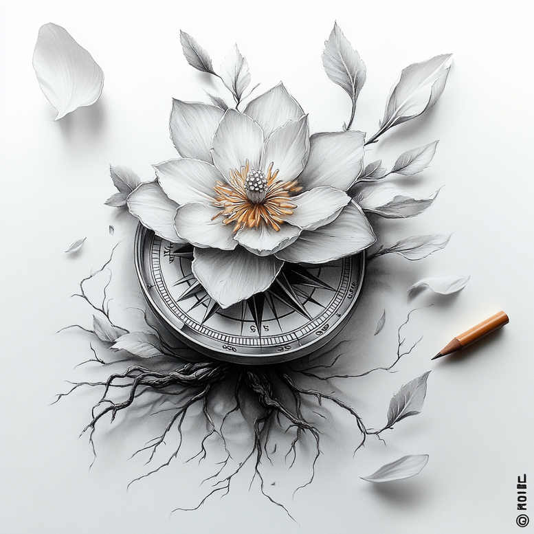 Large grayscale lotus flower with orange center over a compass, roots spreading beneath, pencil outline nearby; black and grey tattoo design; project idea; not ideal for cover-up.