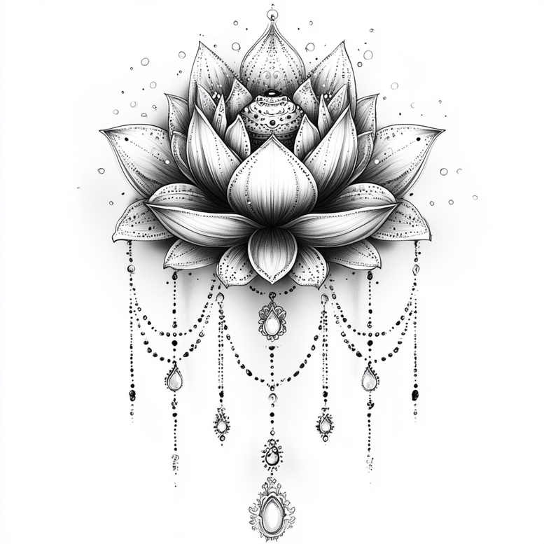Lotus, bead chains, pendants, and gemstones in black and grey; tattoo design concept, suitable for cover-up.