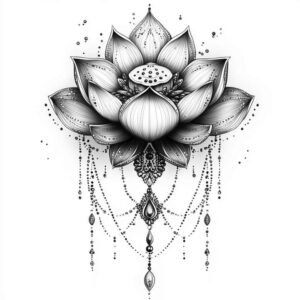 Black and grey lotus, bead, chain, pendant, and teardrop elements in a symmetrical mandala; AI-generated tattoo project; suitable for cover-up: no.