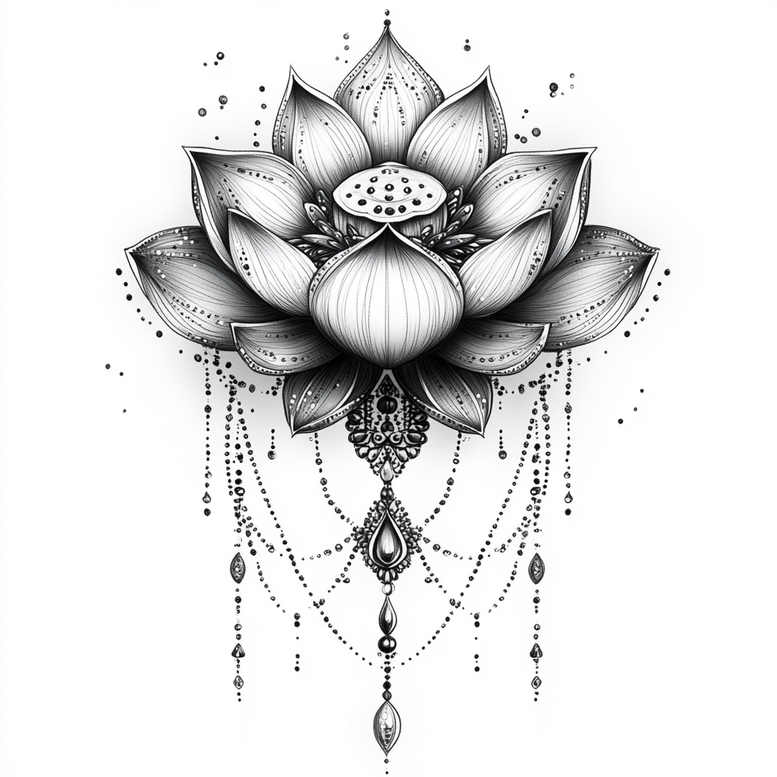 Black and grey lotus, bead, chain, pendant, and teardrop elements in a symmetrical mandala; AI-generated tattoo project; suitable for cover-up: no.