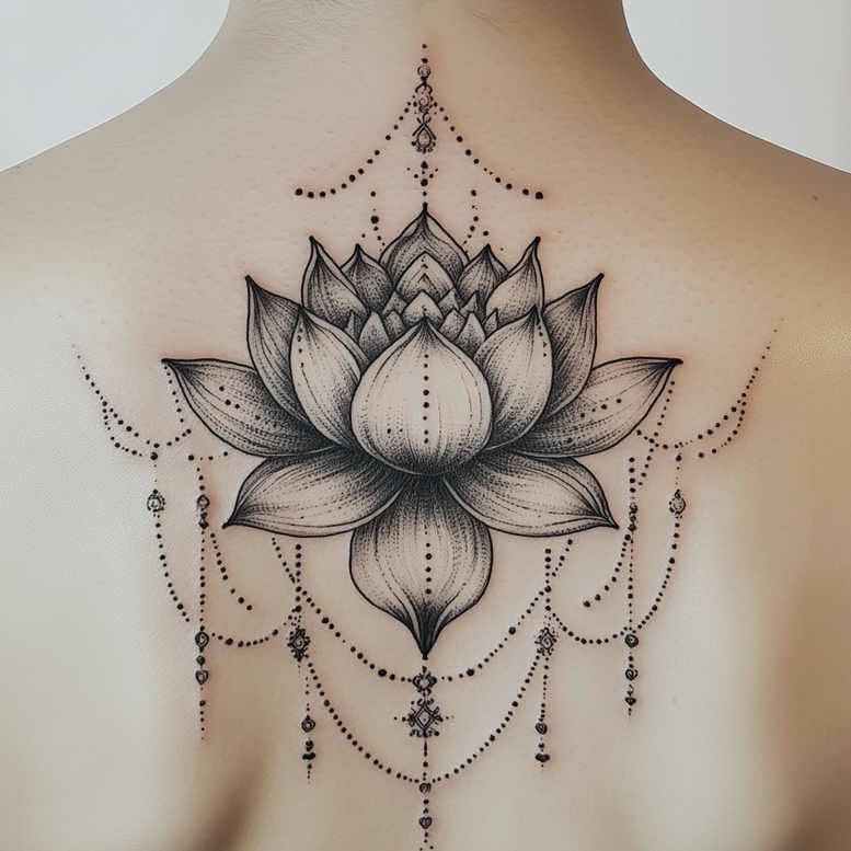 Lotus tattoo on the upper back in black and grey with fine-line shading, featuring beaded drapes and hanging ornaments; a project suitable for a cover-up.