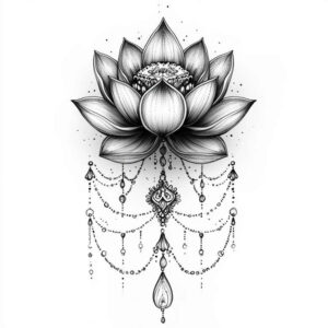 Visible elements: lotus, pendant, bead, chain; color: black and grey; tattoo project; cover-up: not ideal.
