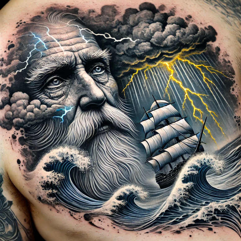 Poseidon-inspired black and grey tattoo design featuring an aged sea god portrait with waves, storm clouds, and lightning; perfect for a cover-up.