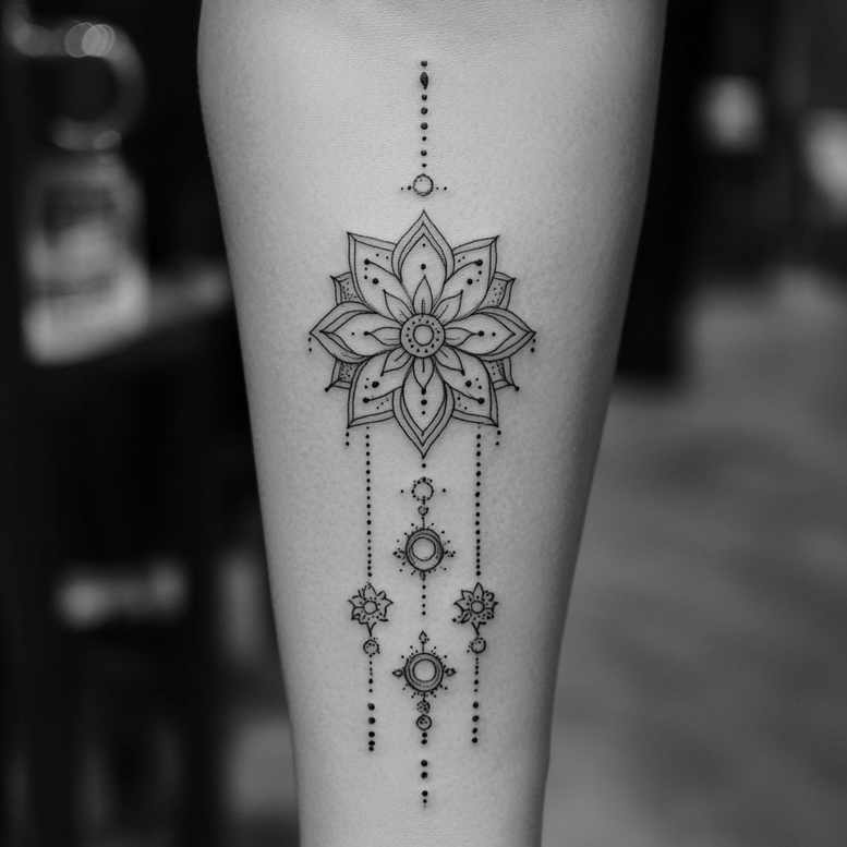 Black and grey tattoo on leg showing a central mandala flower, vertical dotted lines, circular elements and hanging beads; a tattoo project; not ideal for cover-up.