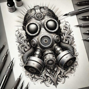 detailed-mask – tattoo design ideas free ai generated – realism-light-and-shadow-play – for-outer-arm – Gallery: masks-inkby-ai