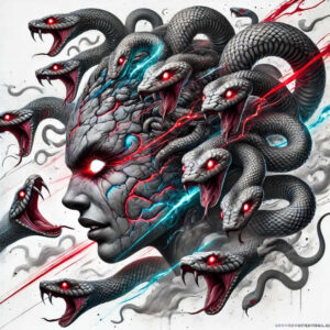 Medusa head in grayscale with multiple snakes, red eyes, and blue energy lines; black and grey tattoo concept, AI-generated, cover-up-ready.