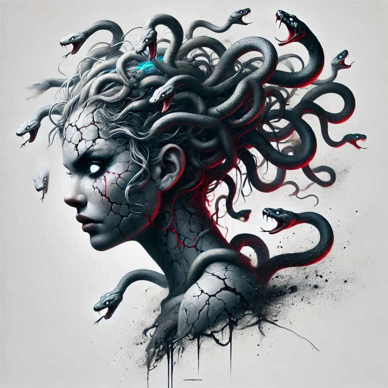 Face, snakes, neck, shoulder, cracked stone skin; black and grey; AI-generated tattoo project; suitable for cover-up.