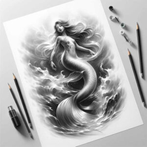 Mermaid figure with flowing black-and-grey hair, a scaly tail, and swirling waves with clouds; black and grey palette; project idea; cover-up suitable.
