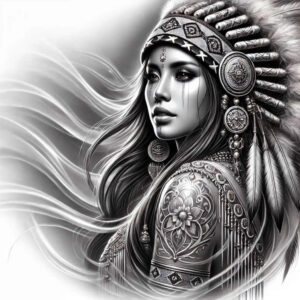 Woman with feathered native headdress and shoulder floral tattoo in black and grey; AI-generated tattoo project, suitable for cover-up.