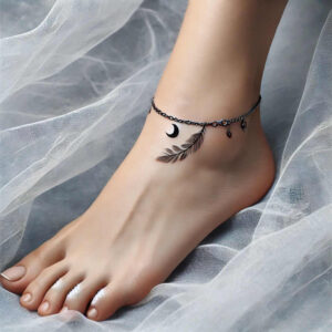 Moon and feather ankle tattoo in black and grey ink; an anklet design on skin, a tattoo idea, AI-generated project, suitable for cover-up.