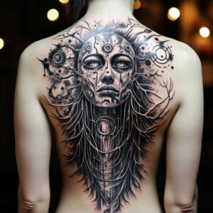 Face of a moon-like mask with circle motifs, branch lines, and a pendant; black and grey back tattoo; project for cover-up.