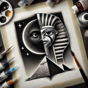 Moon, striped mask, pyramids, and brushes in black and grey; a tattoo project idea, suitable for a cover-up.