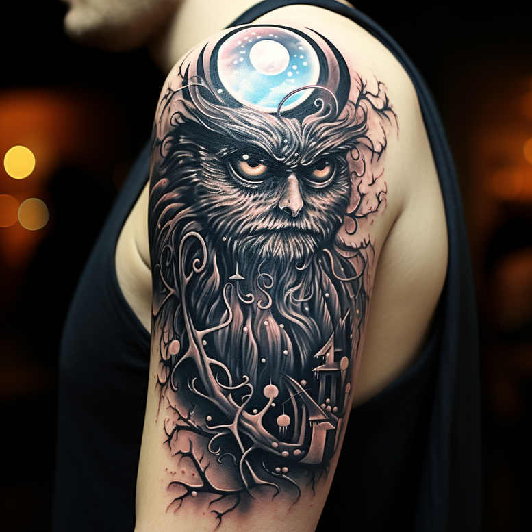 Black and grey owl with moon above, twisting branches, and a distant castle on the upper arm; AI-generated tattoo project; cover-up-ready.