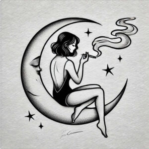Moonlit crescent with a smoking woman in black and grey; tattoo project concept with stars and stippled pattern; not intended for cover-up.