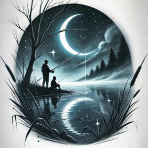 Moon, lake, fisherman, child, reeds, trees, stars, clouds; black and grey composition; cover-up ready tattoo project.