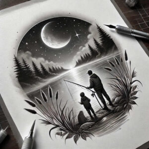 Moonlit lakeside scene with two people fishing, trees, and reeds in black and grey; AI-generated tattoo project suitable for a cover-up.