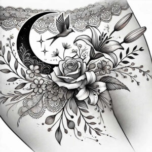 Crescent moon, bird, rose, lily, lace and leaves in black and grey—AI-generated tattoo project, cover-up suitable.