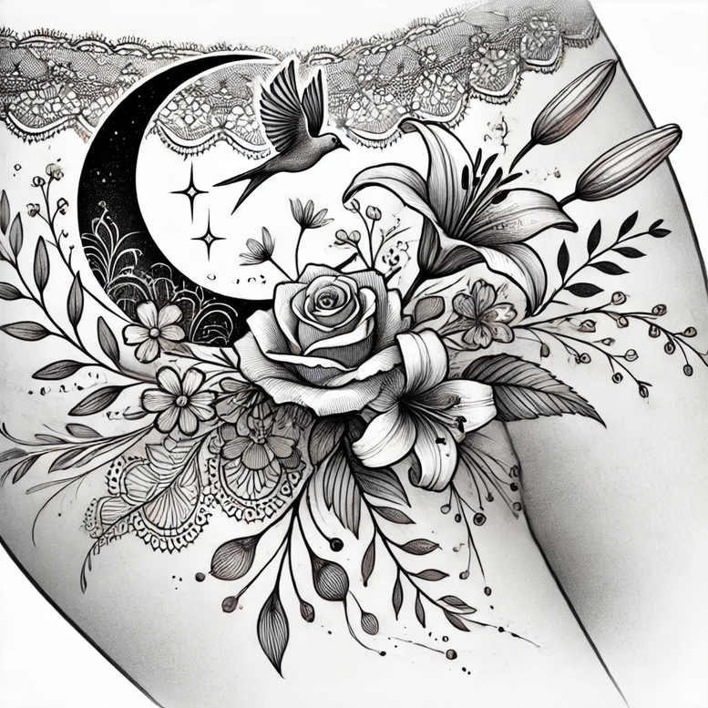 Crescent moon, bird, rose, lily, lace and leaves in black and grey—AI-generated tattoo project, cover-up suitable.