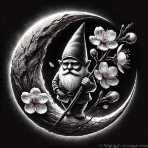 Gnome with pointed hat standing on a crescent moon, holding a staff, surrounded by white blossoms; black and grey shading; AI-generated tattoo project; ideal for cover-up.